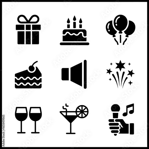 Celebration Icon Set Featuring Birthday Cake Balloons Gift Box and Festive Party Elements for Holiday Events and Special Occasions