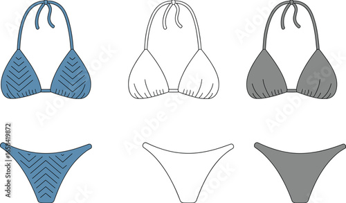 Bikini swimwear flat sketch, women’s two-piece triangle swimsuit design, fashion illustration, technical beachwear drawing, apparel vector template set