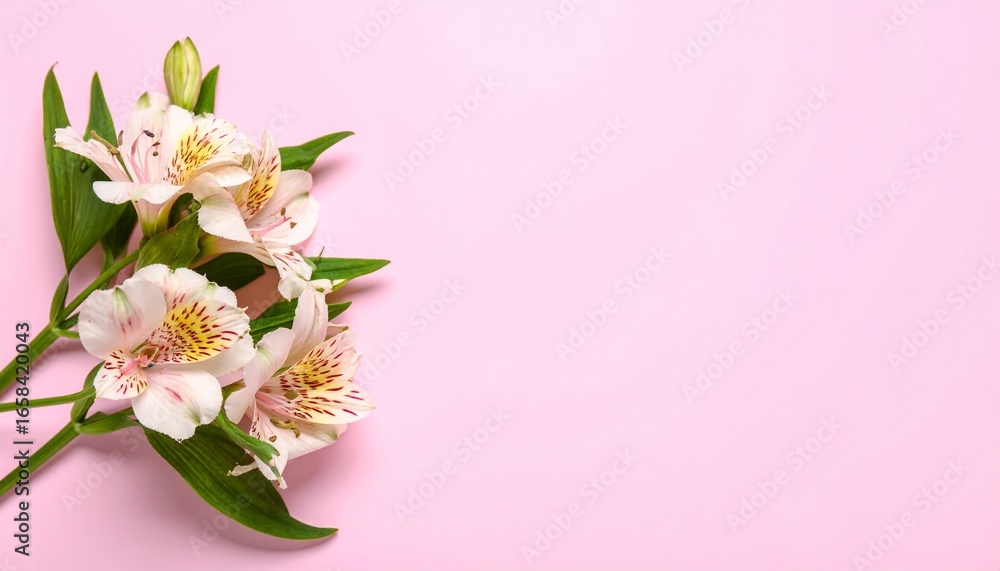Fototapeta premium Alstroemeria on pink background, Soft Pink Alstroemeria Flowers with Red Stripes and Delicate Petals on Blurry Pink Background, Elegant Pink Alstroemeria Flowers on Pink Background Botanical Floral