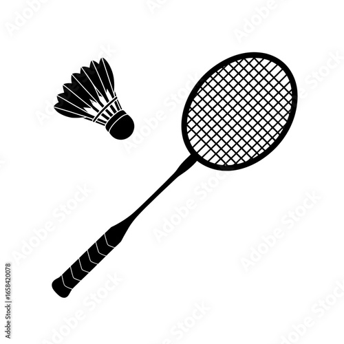 Badminton Racket and Shuttlecock Black and White Illustration for Sports and Recreation Concepts Graphic Design Element Flat Design Vector