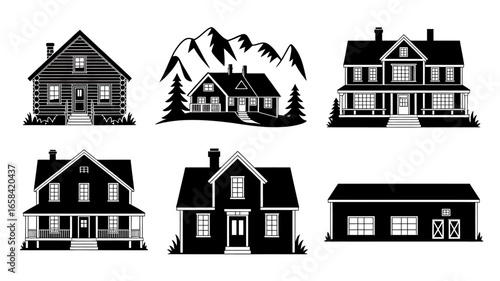 Black and White Home Illustration Collection Depicting Various House Styles and Architectural Designs including Log Cabins and Farmhouses