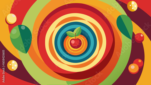 Colorful vector illustration of an abstract eyes tunnel with a fruit at the center and vibrant circular shapes