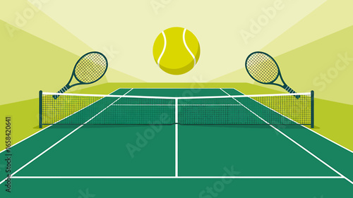 Tennis Court Illustration with Rackets and Ball Ready for a Match Sport and Recreation Concept Visual
