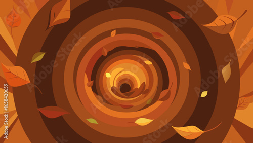 Flat vector minimalistic tunnel made of swirling autumn leaves in warm orange and mocha mousse tones, abstract circular motion