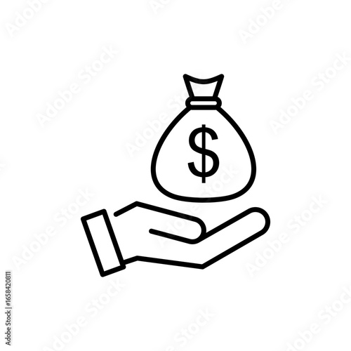 Vector Outline Hand Holding Dollar Bag Icon