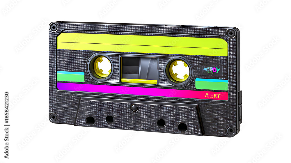 Fototapeta premium Retro cassette tape with neon-colored label, isolated on a white background.
