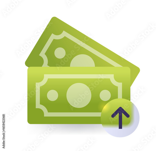 Two green banknotes with up arrow. Financial grows glass morphism icon