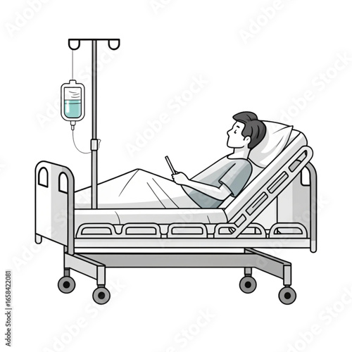 A Patient in a Hospital Bed Holding a Phone and Getting IV Drip.
