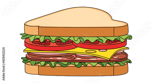 Illustration of a sandwich with bread, lettuce, tomato, cheese, and meat on a white background view on transparent background