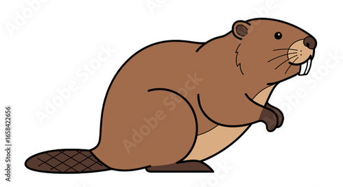 Illustration of a cartoon beaver with brown fur and a flat tail standing on its hind legs looking forward on transparent background