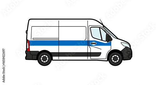 Illustration of a white van with a blue stripe and black trim on a white background in a side view on transparent background
