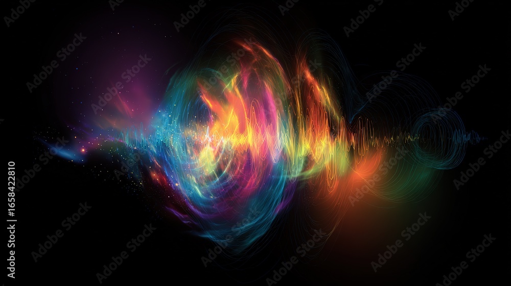 Abstract soundwave visualization with nebula colors pulsing rhythmically for futuristic music, sci-fi design and digital art Abstract soundwave visualization with nebula colors pulsing rhythmically for futuristic music, sci-fi design and digital art