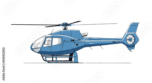 A detailed illustration of a blue helicopter with visible rotor blades and tail rotor on a white background on transparent background