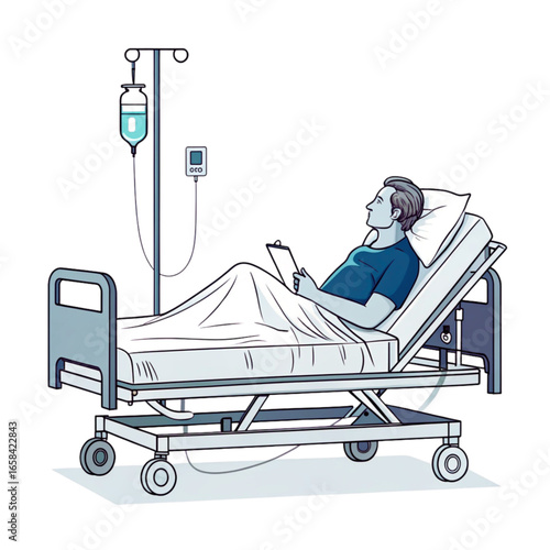  A Patient in a Hospital Bed Holding a Tablet and Getting IV Drip.