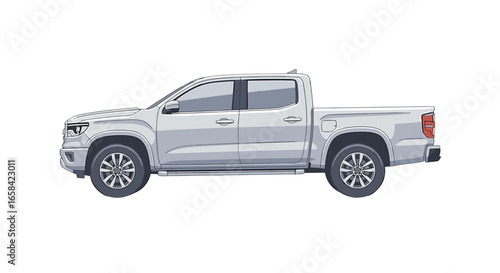 Side view of a silver crew cab pickup truck with detailed wheels and a visible antenna on the roof line on transparent background