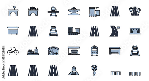 Illustration of various transportation and infrastructure icons including roads, trains, and buildings on transparent background