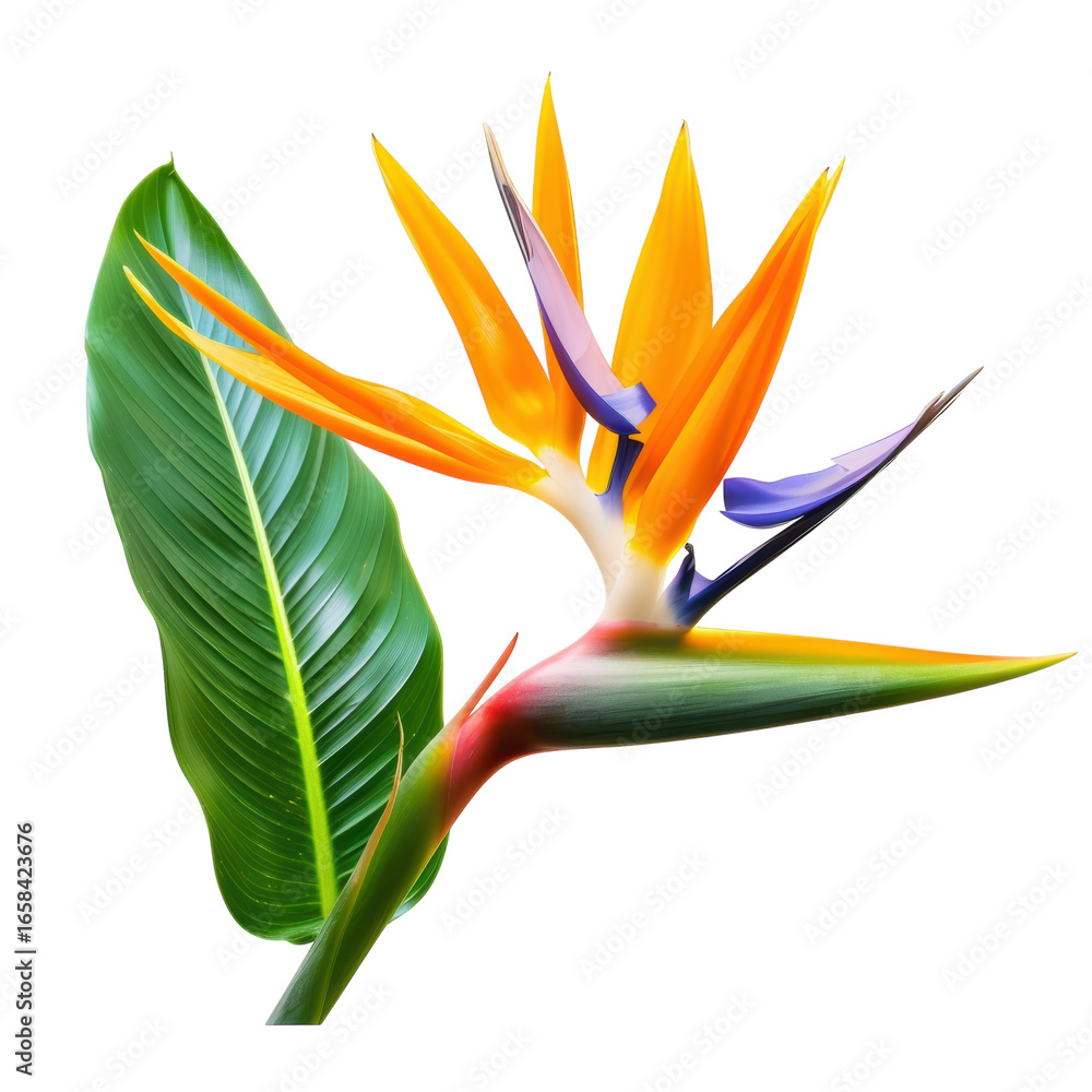 Obraz premium Exotic bird of paradise flower with lush green leaf, tropical bloom