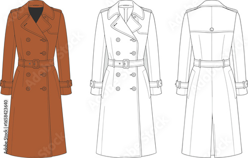 Double-breasted trench coat fashion flat, technical outerwear sketch for women, stylish long coat template, garment design illustration drawing