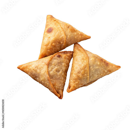 Three Golden Brown Fried Samosas Isolated on White Background