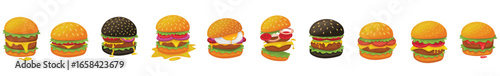 Burger vector set. Set of fast food illustration. Hamburger vector illustration. Fast Food Icons Set. Burger illustration. cheese burger illustration