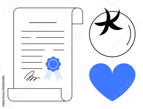 Certification scroll with signature, blue ribbon, heart icon, and abstract star-thumbs up shape. Ideal for education, achievement, recognition, creativity, love authenticity simple landing page