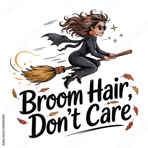 Funny Halloween graphic design showing a witch riding a broom with humor