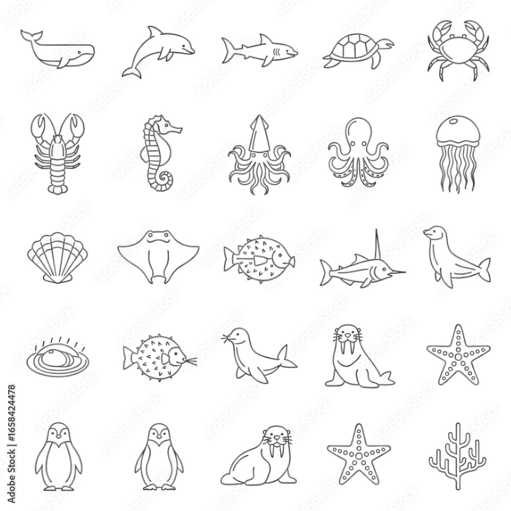 Fototapeta premium Line art silhouettes of marine life. Fish, crab, dolphin, lobster, turtle, and other sea creatures on a black field