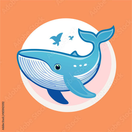A cartoon illustration of a blue whale with two birds, set against a circular background.