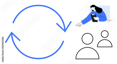 Circular workflow with arrows, woman holding tablet and pointing, abstract user icons. Ideal for teamwork, process improvement, project management, collaboration, communication, user engagement