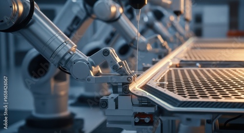 Honeycomb core aerospace panels secured in robotic clamps during automated adhesive bonding to ensure structural integrity.