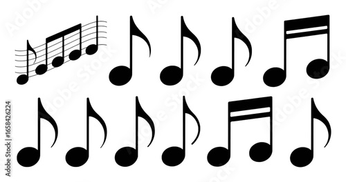 Collection of Black Musical Notes and Staff Lines on White Background