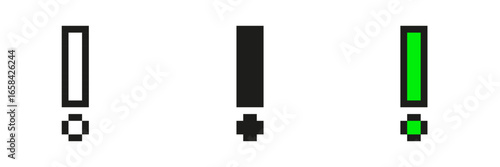 Exclamation Mark Pixel Art Icon Set. Alert And Notification Symbol Collection. Black And Green Exclamation Marks In Pixelated Style. Isolated Vector Illustration