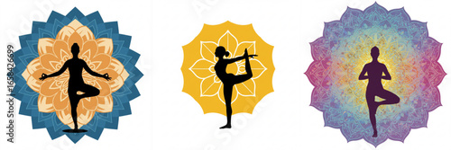 A set of three illustrations of standing yoga poses for wellness retreats, fitness classes and mindfulness workshops