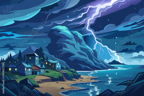 Dramatic Thunderstorm Illuminating a Coastal Town