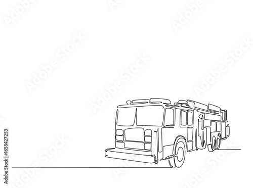 Fire truck outline illustration. Continuous line art drawing of fire truck vehicle. Editable stroke.