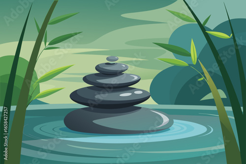 Stack of Smooth Dark Gray Stones in Calm Water