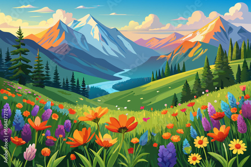 Vibrant Alpine Meadow with Colorful Wildflowers