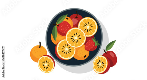 Vibrant bowl of fresh mixed fruit featuring oranges strawberries and kiwi slices