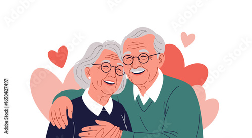 Happy elderly couple embracing and smiling with hearts surrounding them celebrating their love