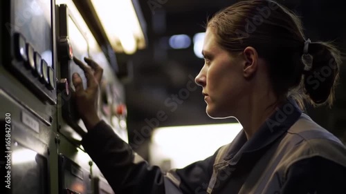 Woman Operating Control Panel: Precision and Expertise in Industrial Setting