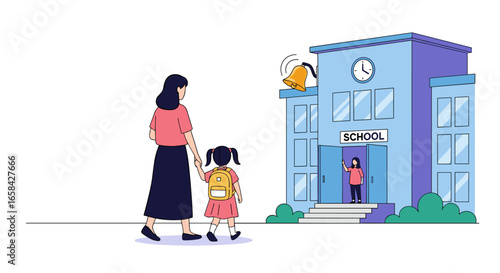 Parent escorting child to school building entrance with school bell ringing