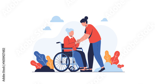 Professional elder caregiver helping elderly woman in wheelchair with support