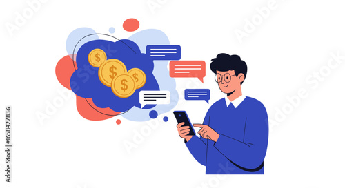 Man sending money via mobile phone through chat bubbles and coins illustration
