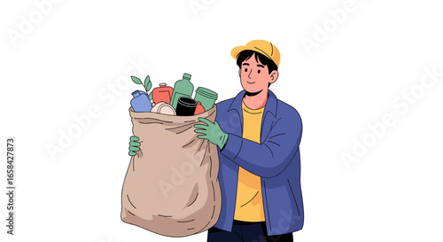 Delivery person holding a large bag of recyclable waste materials