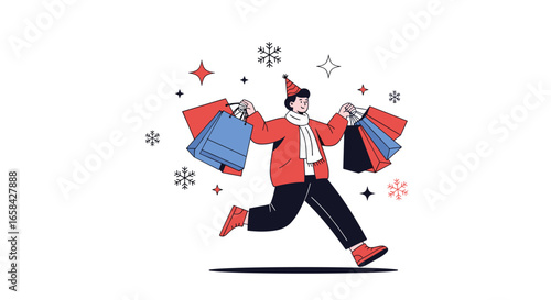 Excited shopper runs with many shopping bags during winter season celebrations