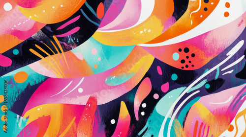 Vibrant Abstract Canvas Exploding with Energetic Hues and Fluid Organic Forms, Featuring Dynamic Swirls and Playful Splashes