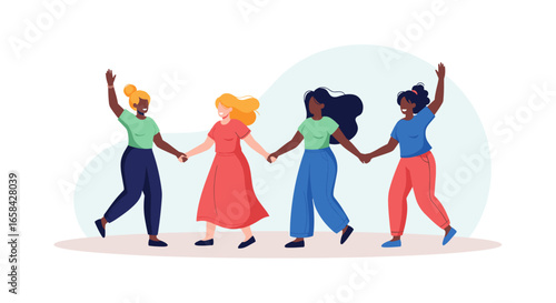 Four women diverse friends holding hands celebrating unity and friendship