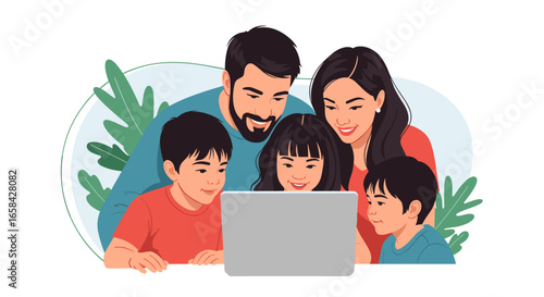Happy family learning together on a laptop enjoying quality time bonding