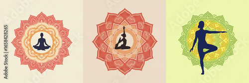 Set of three vector illustrations of yoga poses on different mandalas background for health campaigns, fitness studios and mindfulness programs