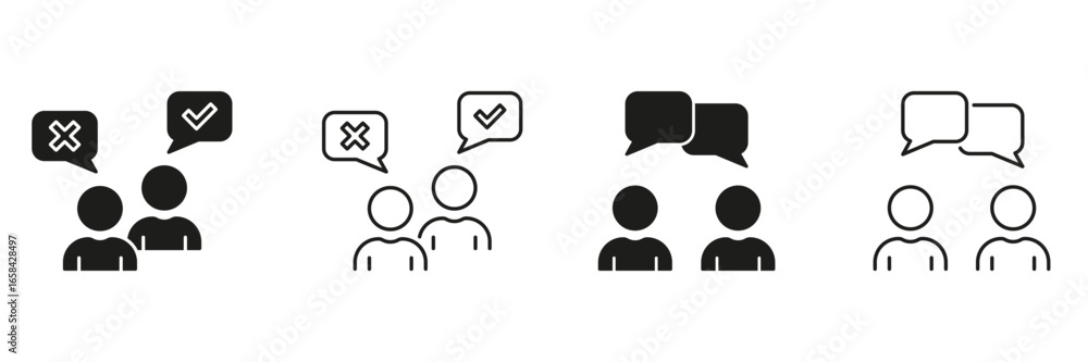Two-Person Communication Line And Solid Icon Set. Dialogue, Agreement, And Disagreement Symbol Collection. Speech Bubbles With Check And Cross Marks. Isolated Vector Illustration Two-Person Communication Line And Solid Icon Set. Dialogue, Agreement, And Disagreement Symbol Collection. Speech Bubbles With Check And Cross Marks. Isolated Vector Illustration